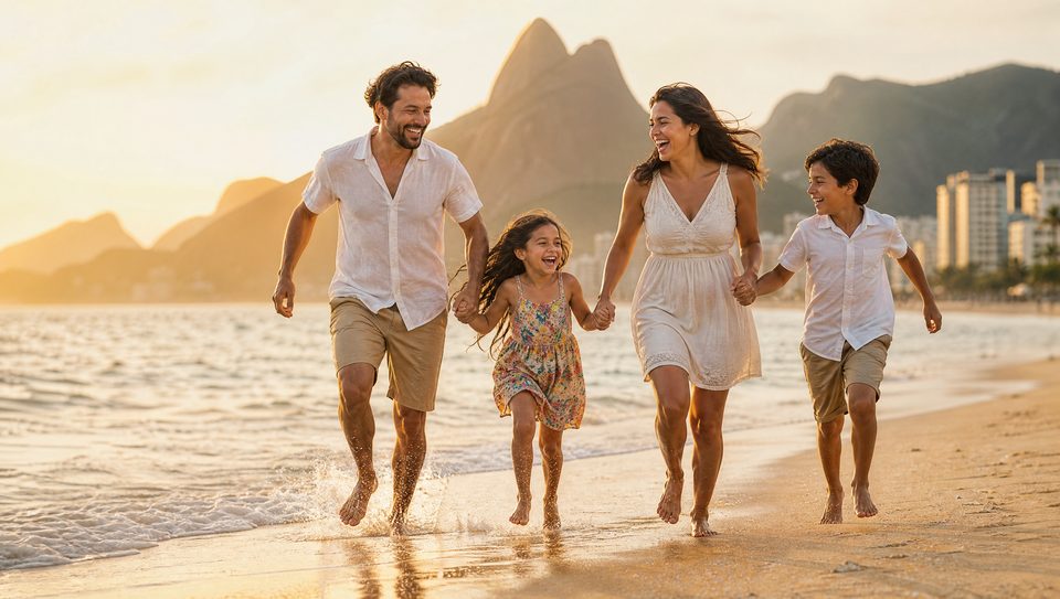 Família feliz correndo na praia